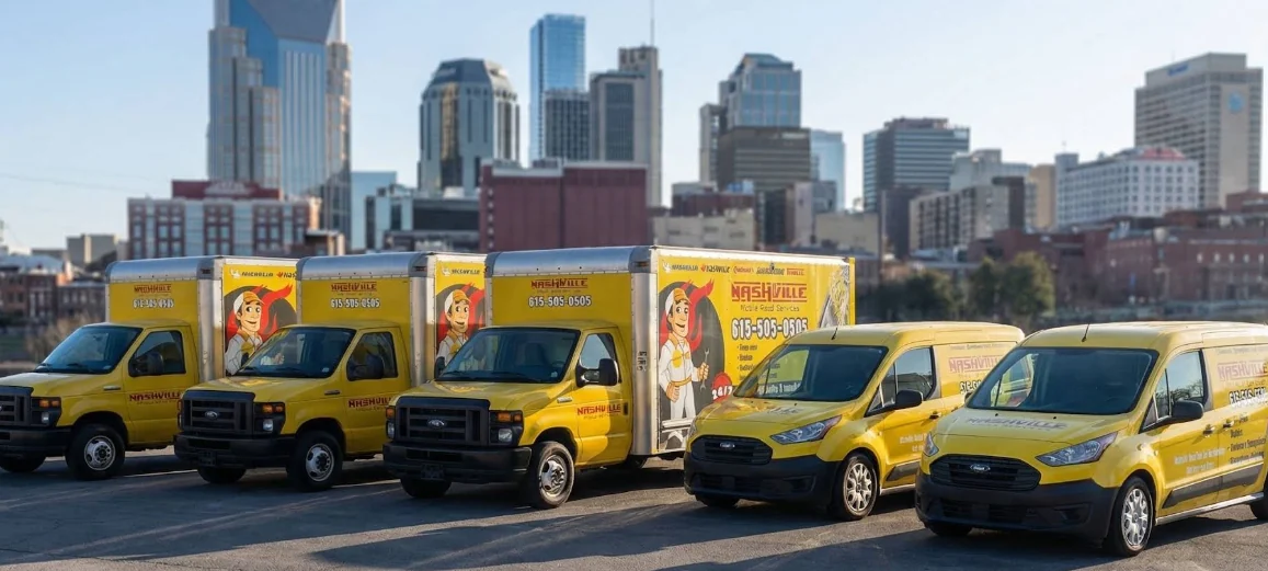 Nashville Mobile Road Service yellow fleet with the Nashville skyline